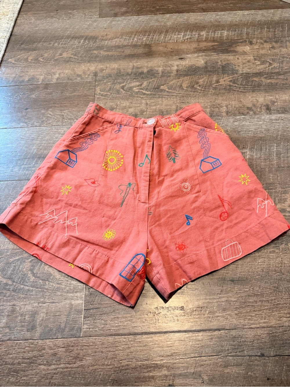 Samantha Pleet Embroidered High Waist Shorts Size 0 Whimsical Pink